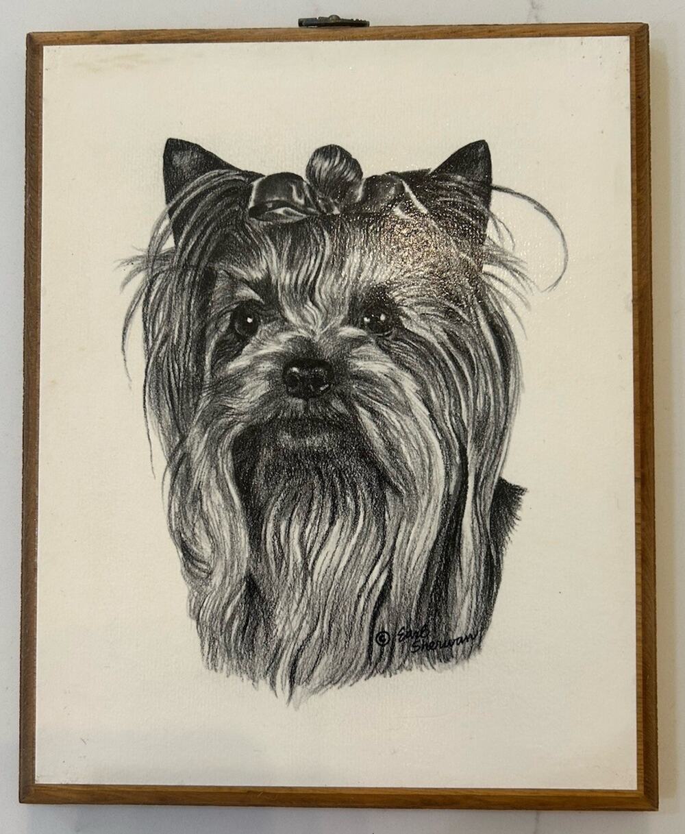 Vtg Earl Sherwan Yorkie Dog Portrait Wall Art MCM Wood Cameo Plaque 9”x11” Sign